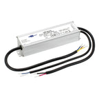 White rectangular LED driver with black power cables and wire terminals, product shot on white background.
