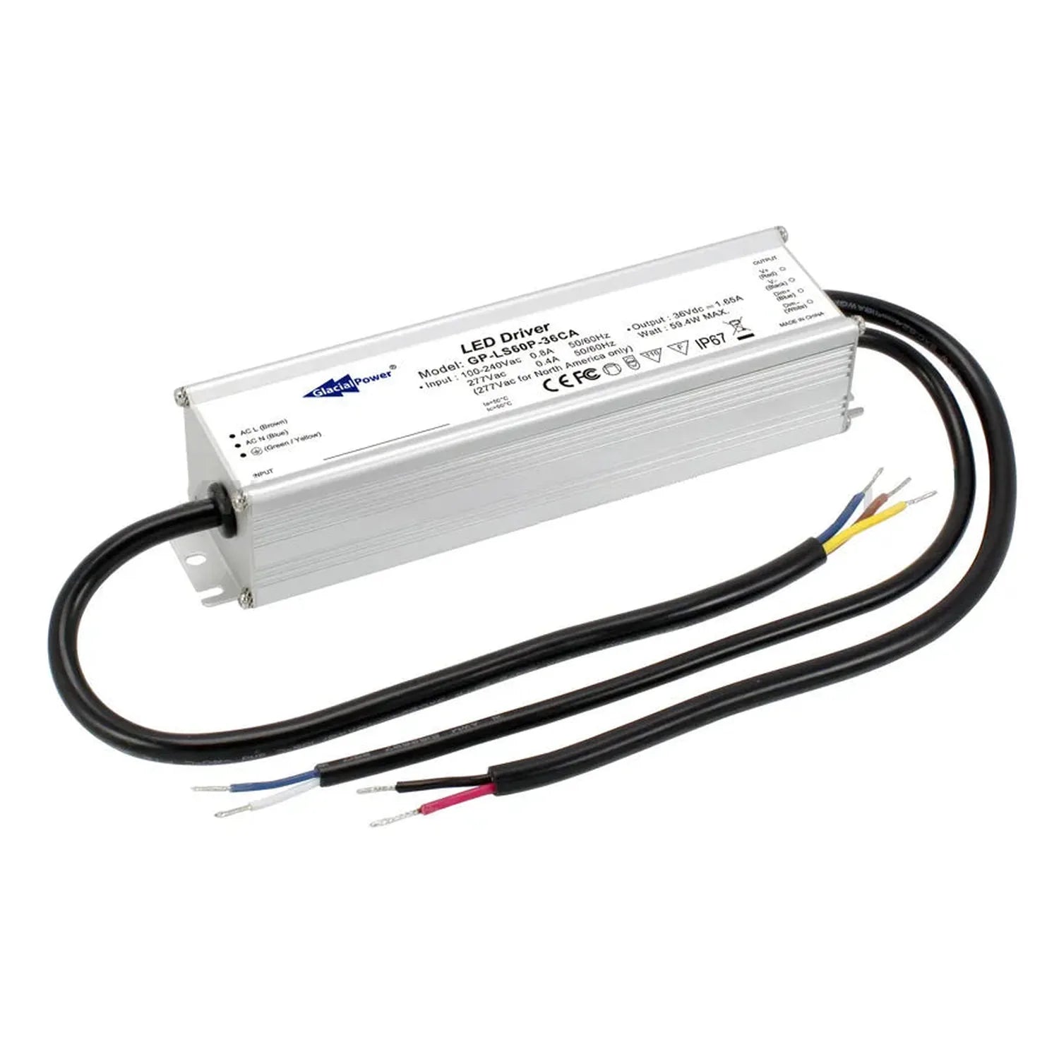 White rectangular LED driver with black power cables and wire terminals, product shot on white background.