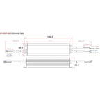 Technical dimension diagram for GP-LS60P-xxCA dimming type LED driver showing side and front views with measurements and wire