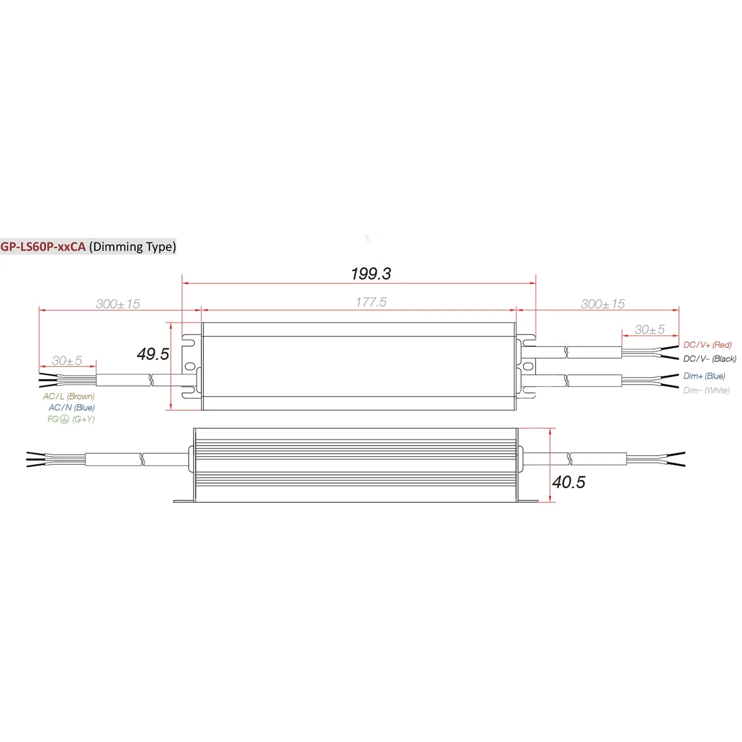 Technical dimension diagram for GP-LS60P-xxCA dimming type LED driver showing side and front views with measurements and wire
