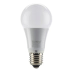 White LED globe bulb with E27 screw base, showing specifications printed on the base including 8W, 230V, 2700K, and SKU numbe