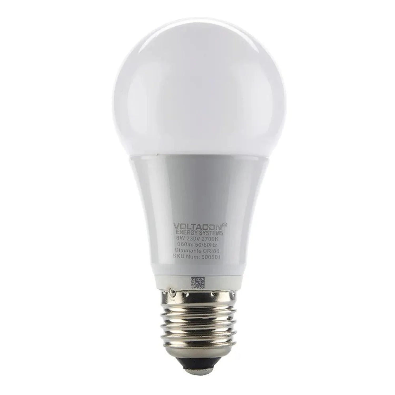 White LED globe bulb with E27 screw base, showing specifications printed on the base including 8W, 230V, 2700K, and SKU numbe
