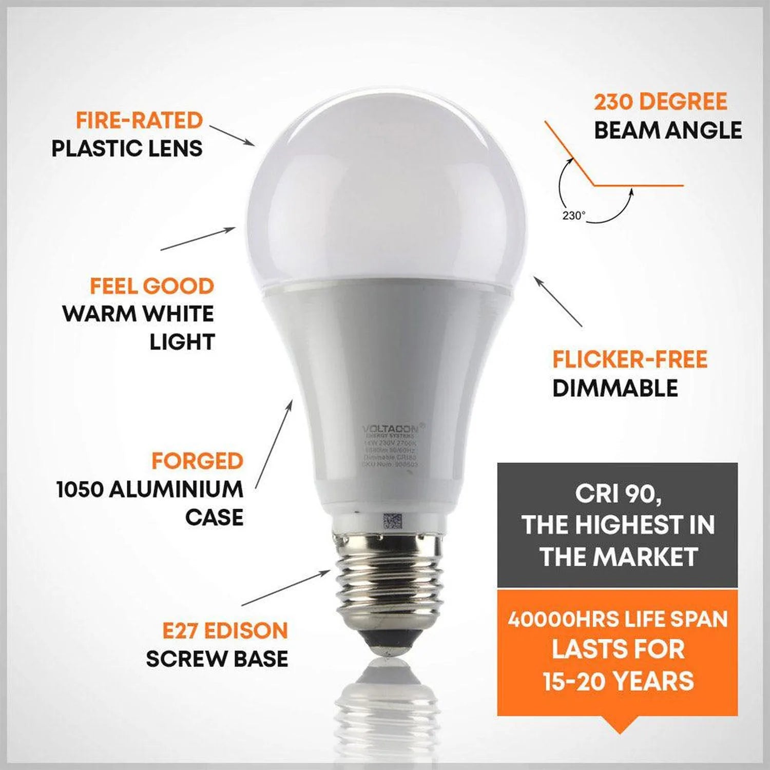 Voltacon LED globe bulb with labeled specifications: fire-rated plastic lens, warm white light, forged aluminium case, E27 sc