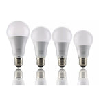 Four white LED light bulbs with silver bases arranged in descending height order, shown against white background with reflect