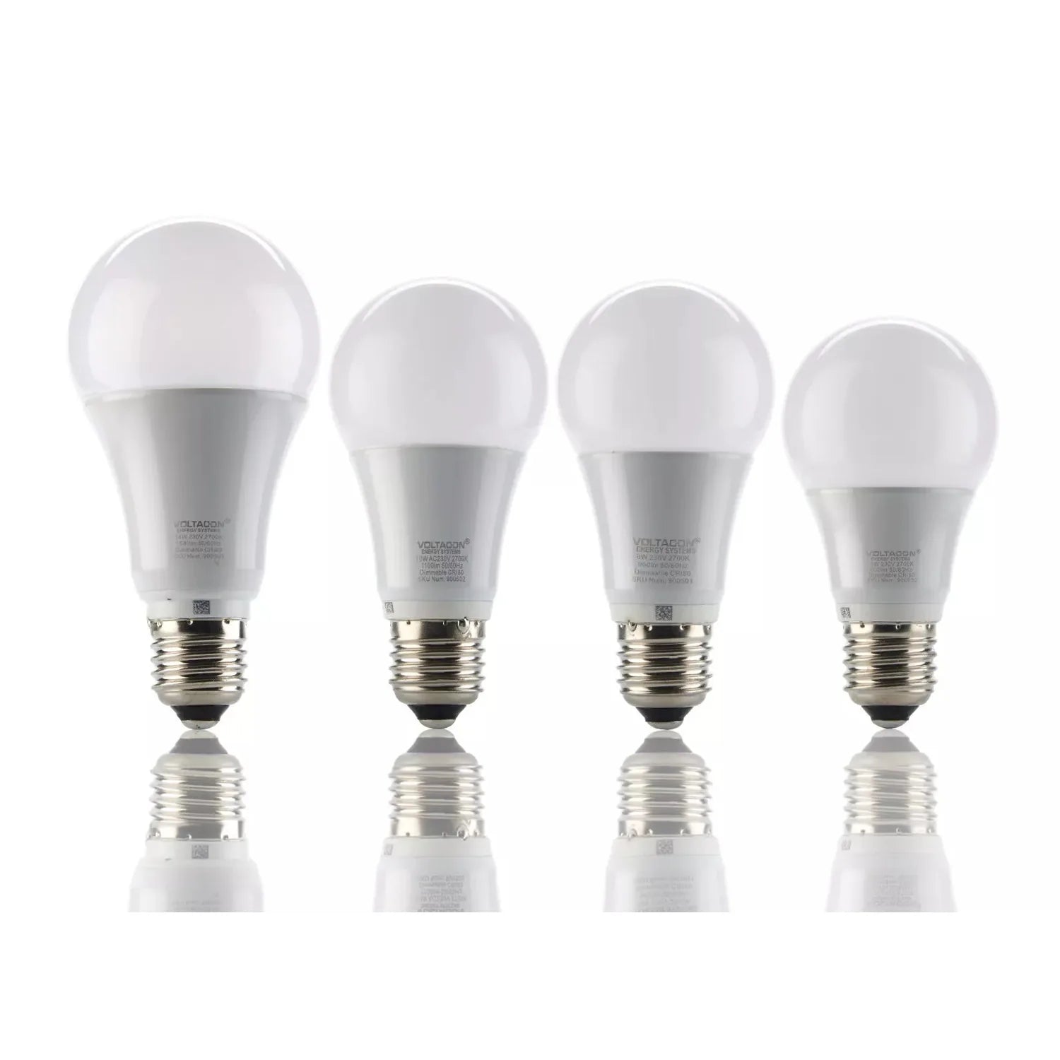 Four white LED light bulbs with silver bases arranged in descending height order, shown against white background with reflect
