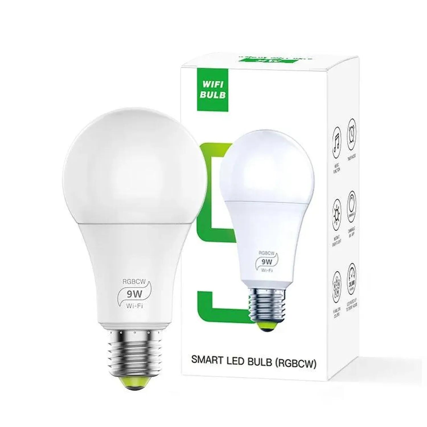 WiFi smart LED bulb with packaging box, 9W E27 base, white and blue spherical design with green accent stripe.