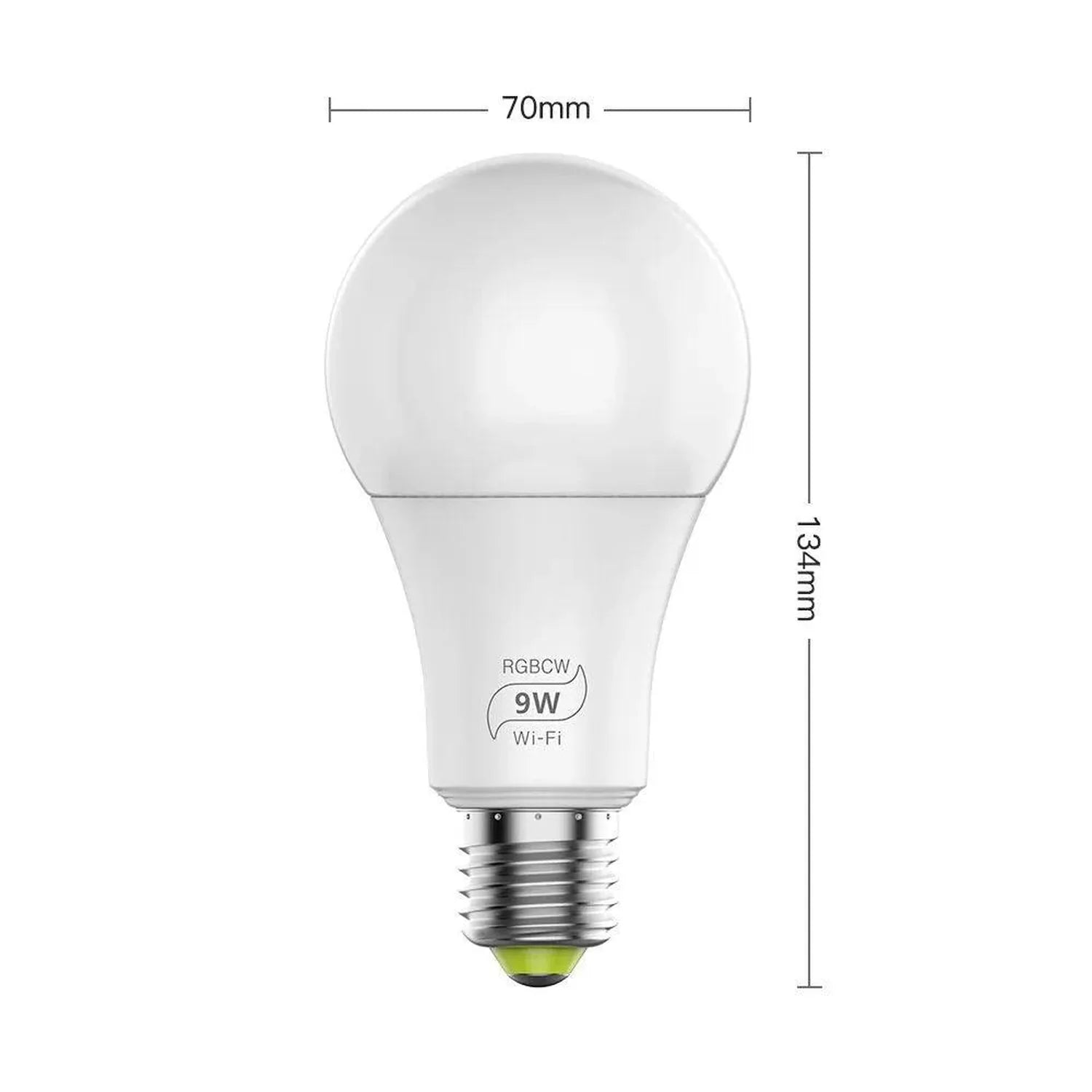 9W smart LED bulb with dimensions shown: 70mm diameter at globe, 134mm total height, E27 base, RGBCW Wi-Fi capable.