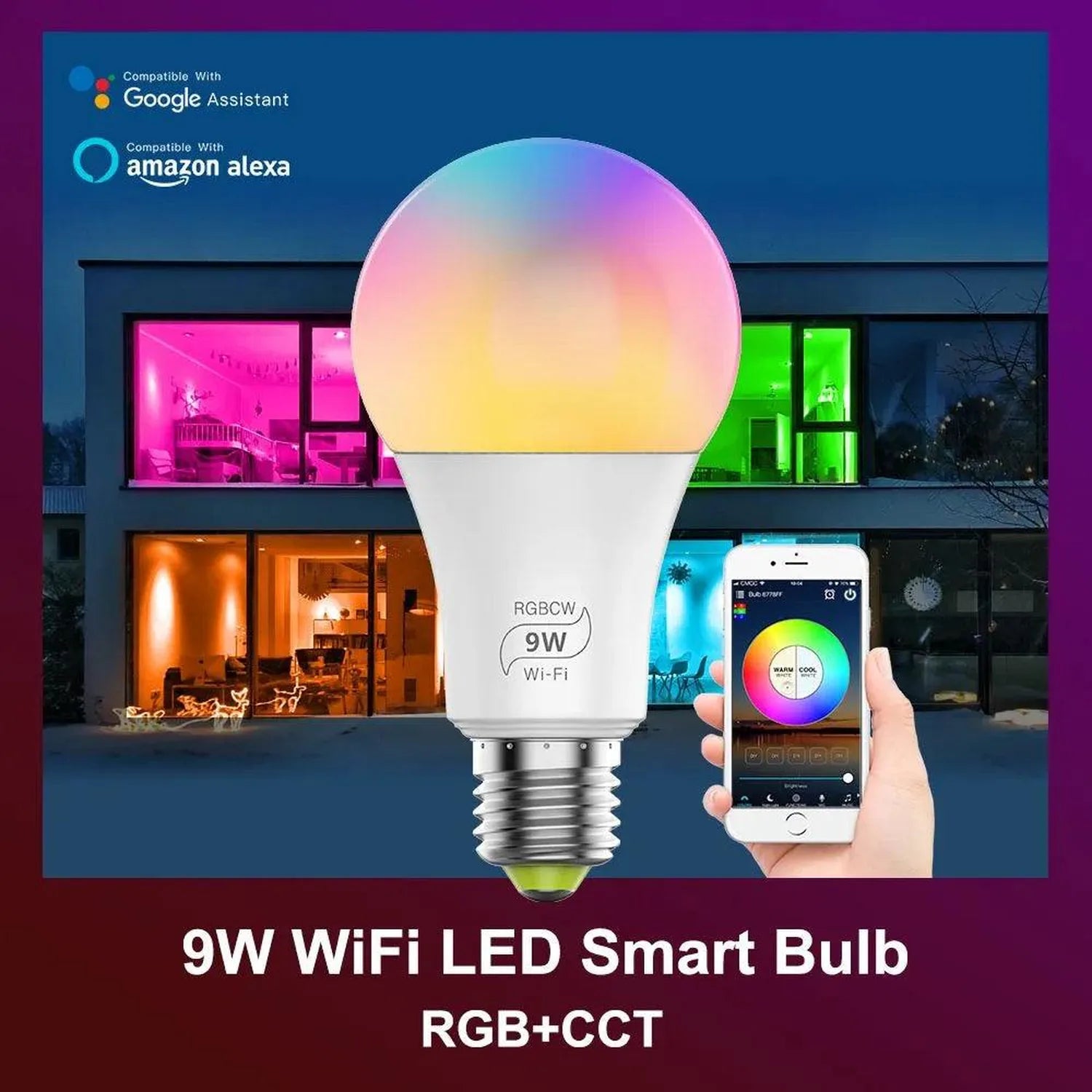 9W WiFi LED smart bulb with RGB color wheel displayed on smartphone app, compatible with Google Assistant and Amazon Alexa.