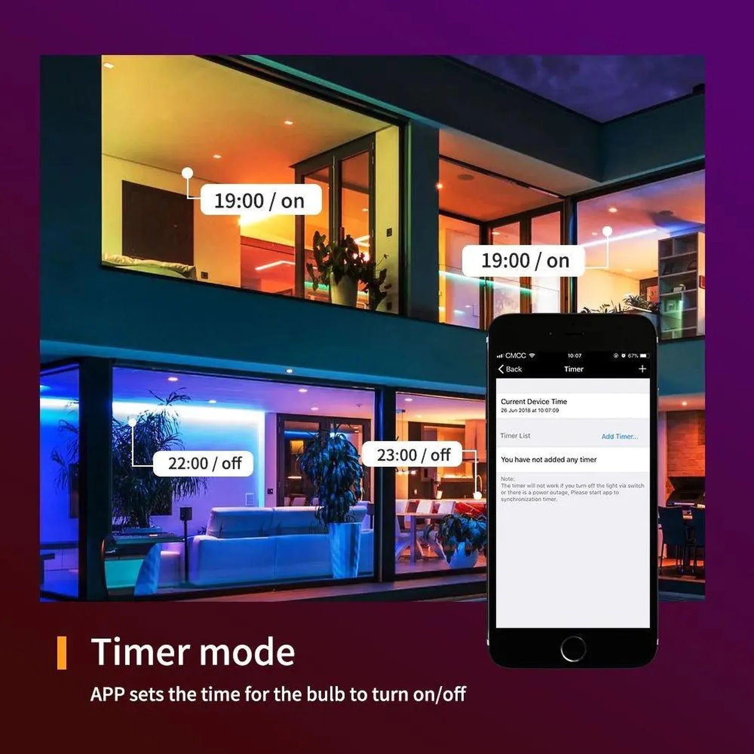 Smart LED bulb app interface showing timer mode feature with scheduled on/off times displayed on smartphone screen and corres