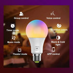 Smart RGB LED bulb displaying rainbow gradient with icons around it listing features: group control, voice control, timer mod