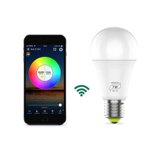 Smart WiFi LED bulb next to smartphone app showing color wheel control interface with warm and cool white options.