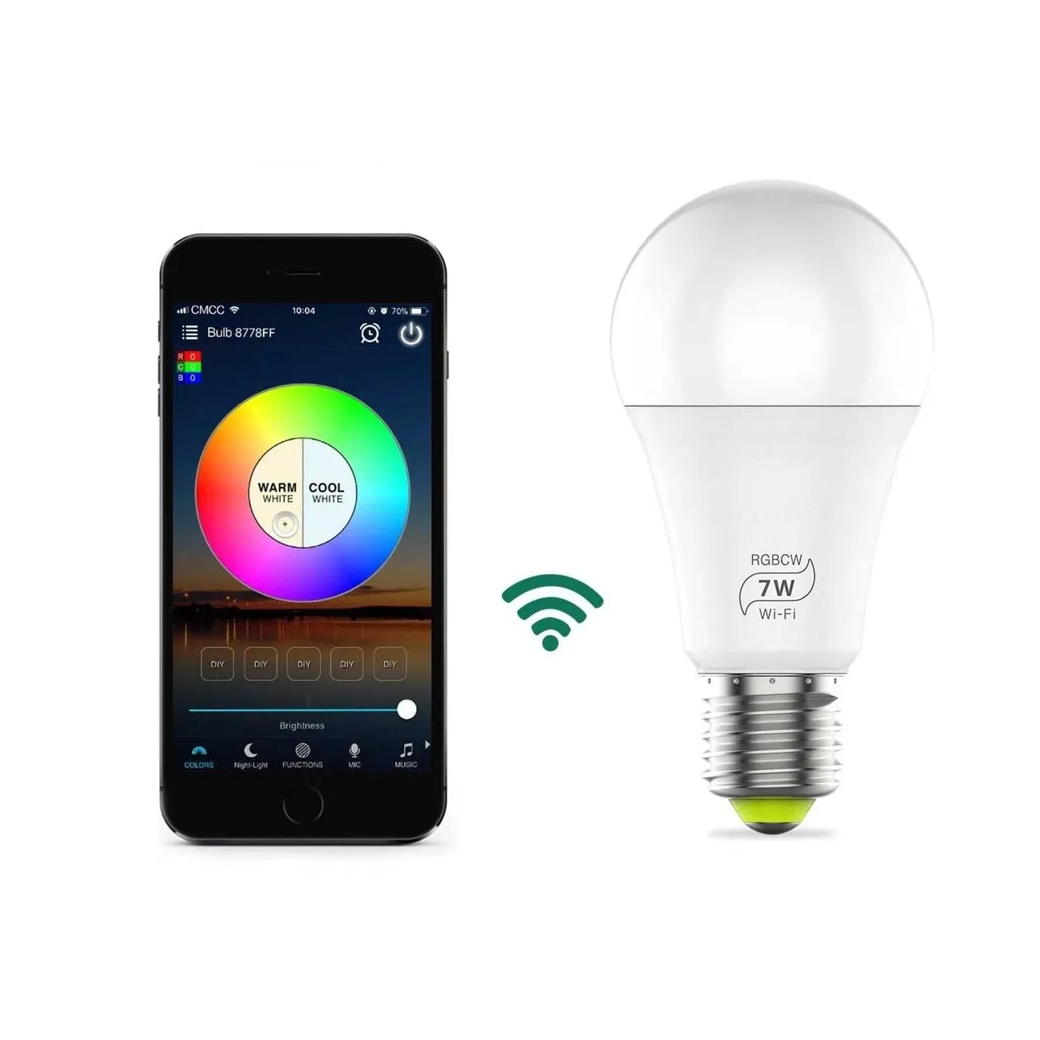 Smart WiFi LED bulb next to smartphone app showing color wheel control interface with warm and cool white options.