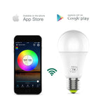 Smart WiFi LED bulb displayed with smartphone app interface showing color wheel controls and Wi-Fi connectivity icon, with Ap