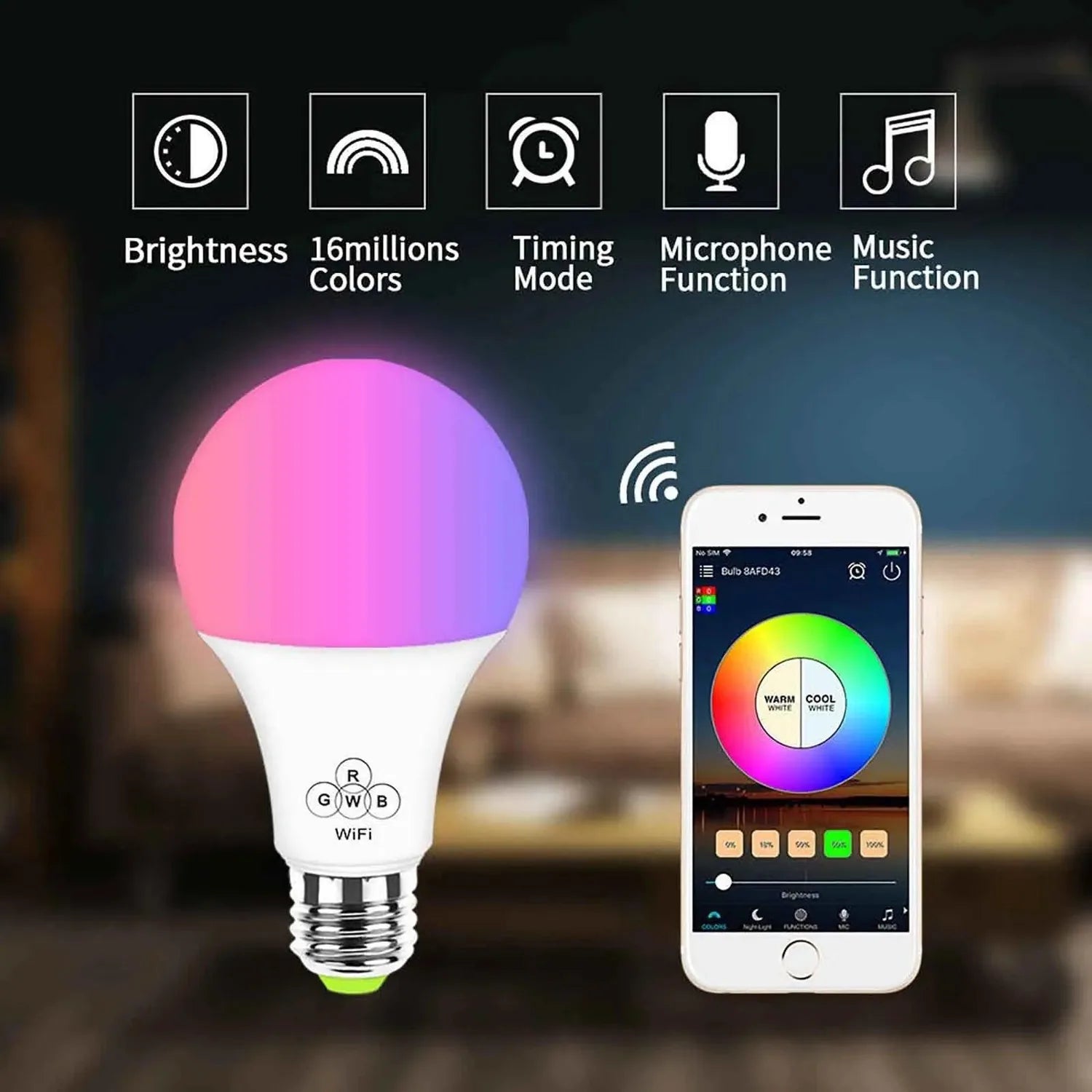 Smart WiFi LED bulb displaying pink-purple glow next to smartphone app showing color wheel control interface.