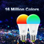 Two 7W RGBCW WiFi smart bulbs displayed against a starry night sky backdrop, showing color-changing capabilities in red, oran