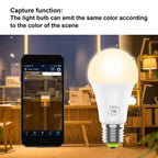 Smart WiFi LED bulb next to smartphone showing color-matching app interface in warm-lit room setting.