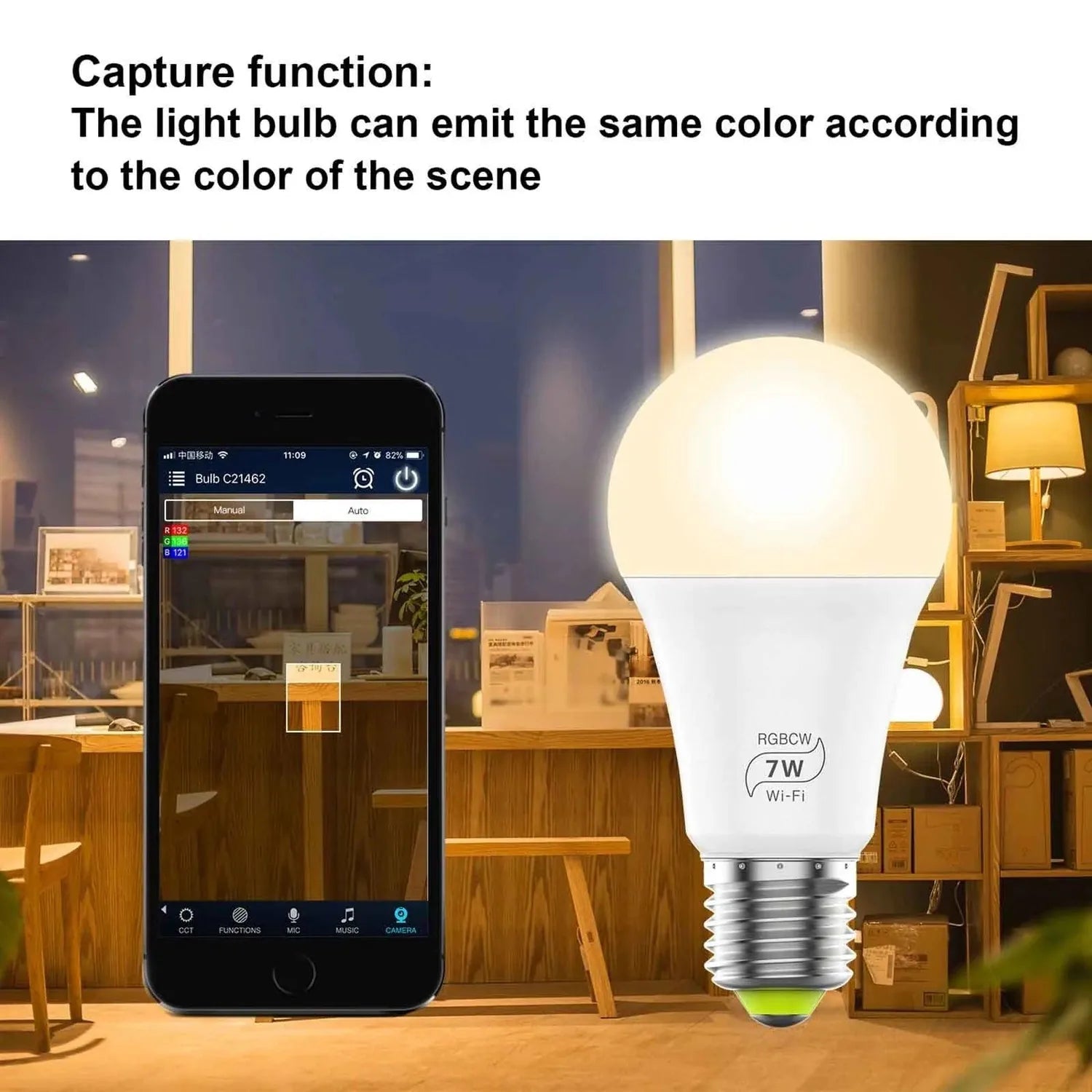 Smart WiFi LED bulb next to smartphone showing color-matching app interface in warm-lit room setting.