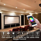 Smart WiFi LED bulb app control interface shown in home theater room with color wheel displayed on smartphone screen and ligh