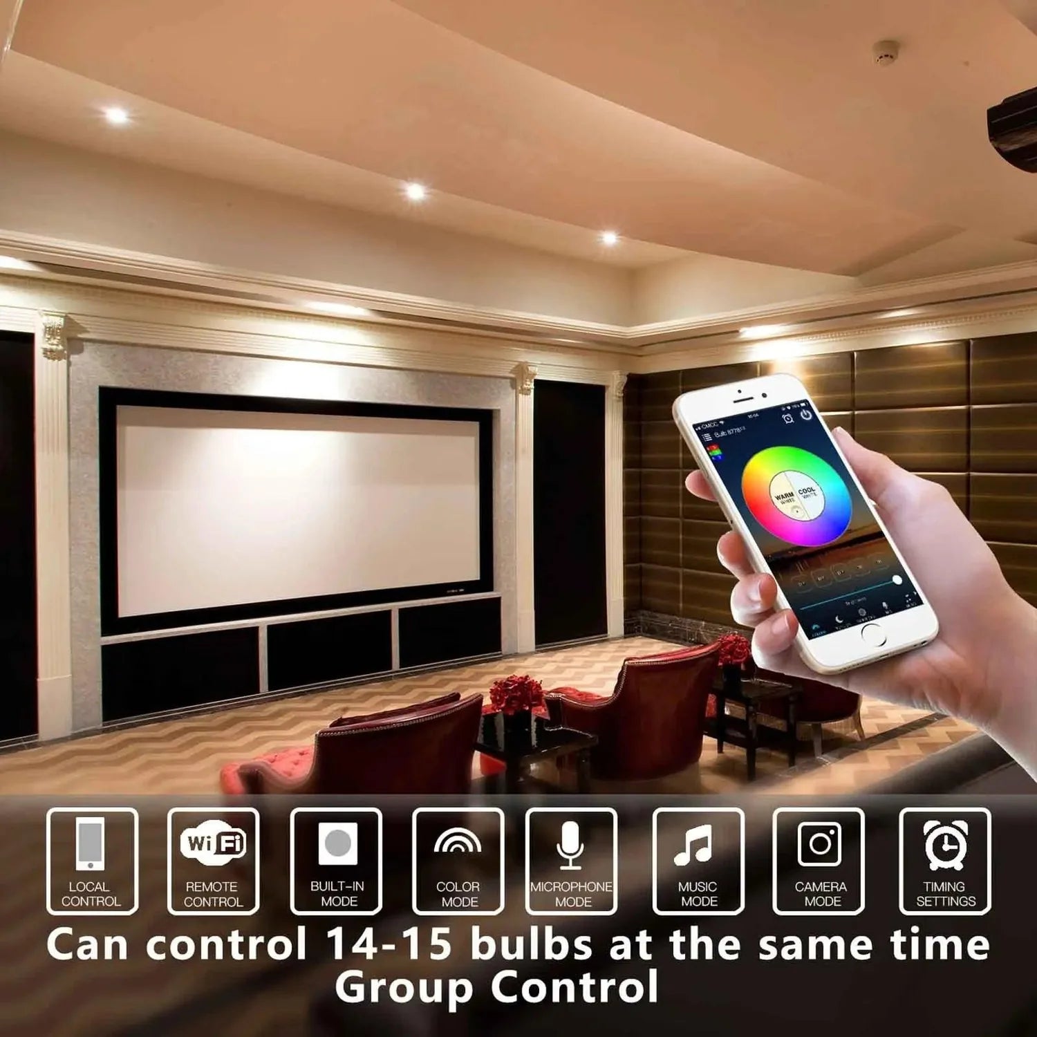 Smart WiFi LED bulb app control interface shown in home theater room with color wheel displayed on smartphone screen and ligh