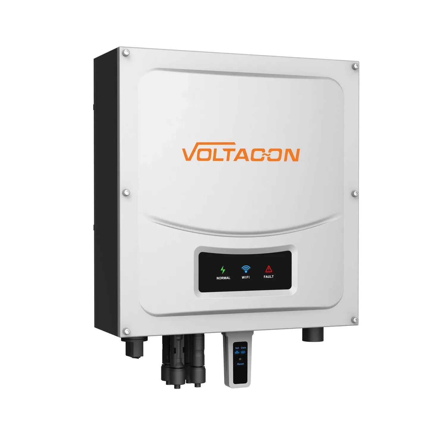 Voltacon white wall-mounted solar inverter with orange logo, status indicator lights showing Normal, WiFi, and Fault, with bl