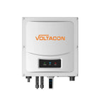 Voltacon white square solar inverter with orange logo, status indicator lights, and connected cables on white background.