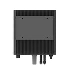 Top-down view of a square solar inverter with vertical heatsink fins, mounting holes, and connector ports at the base.