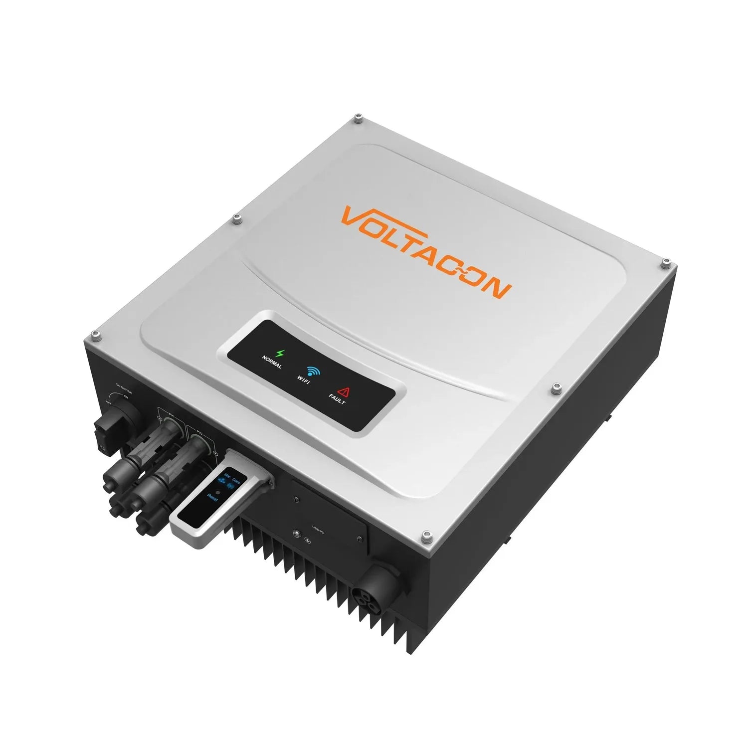 Voltacoin 5000W grid-tie solar inverter with white top panel, status indicator lights, cooling fins, and connection ports, di