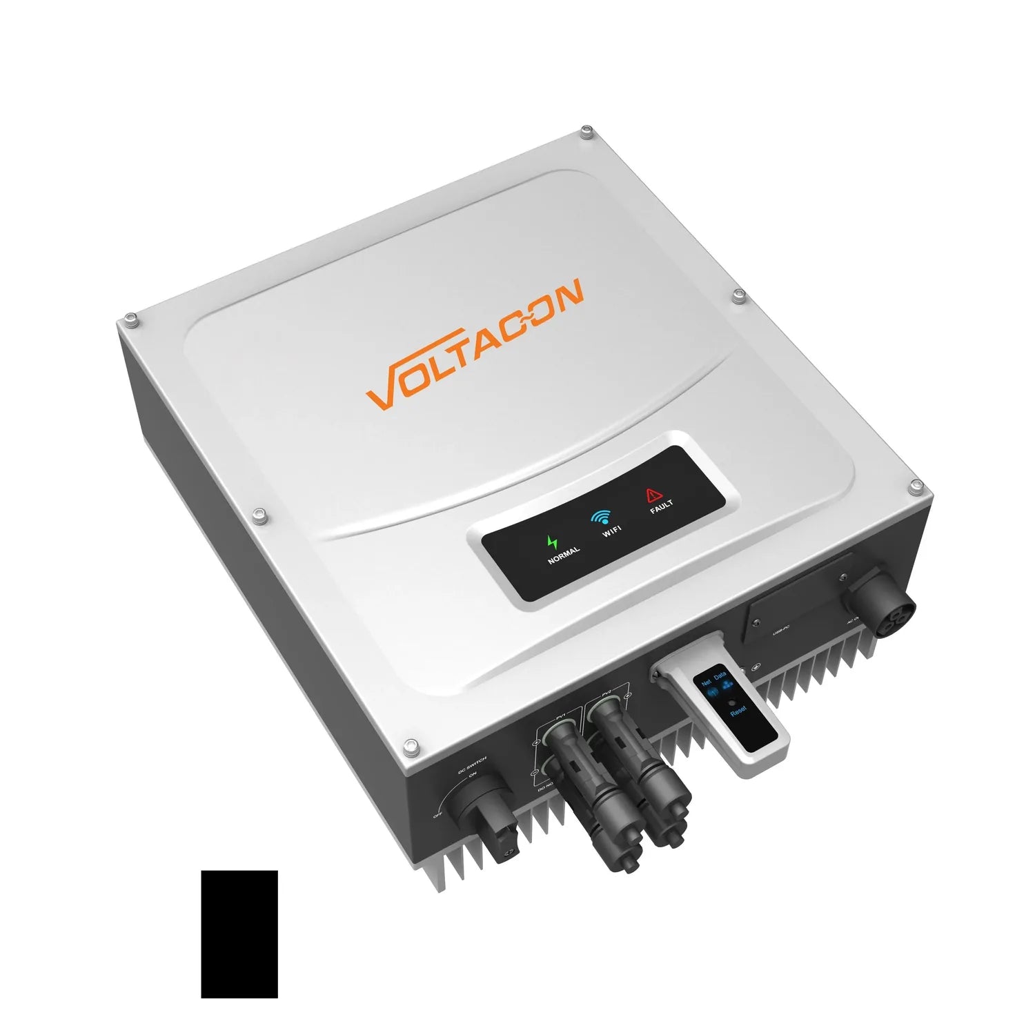 Voltagon Elios 5000W grid tie solar inverter with white casing, status indicator panel showing Normal, Fault, and Wi-Fi icons