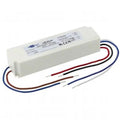 White rectangular LED driver with blue, red, black and white wire leads protruding from one end, showing certification labels