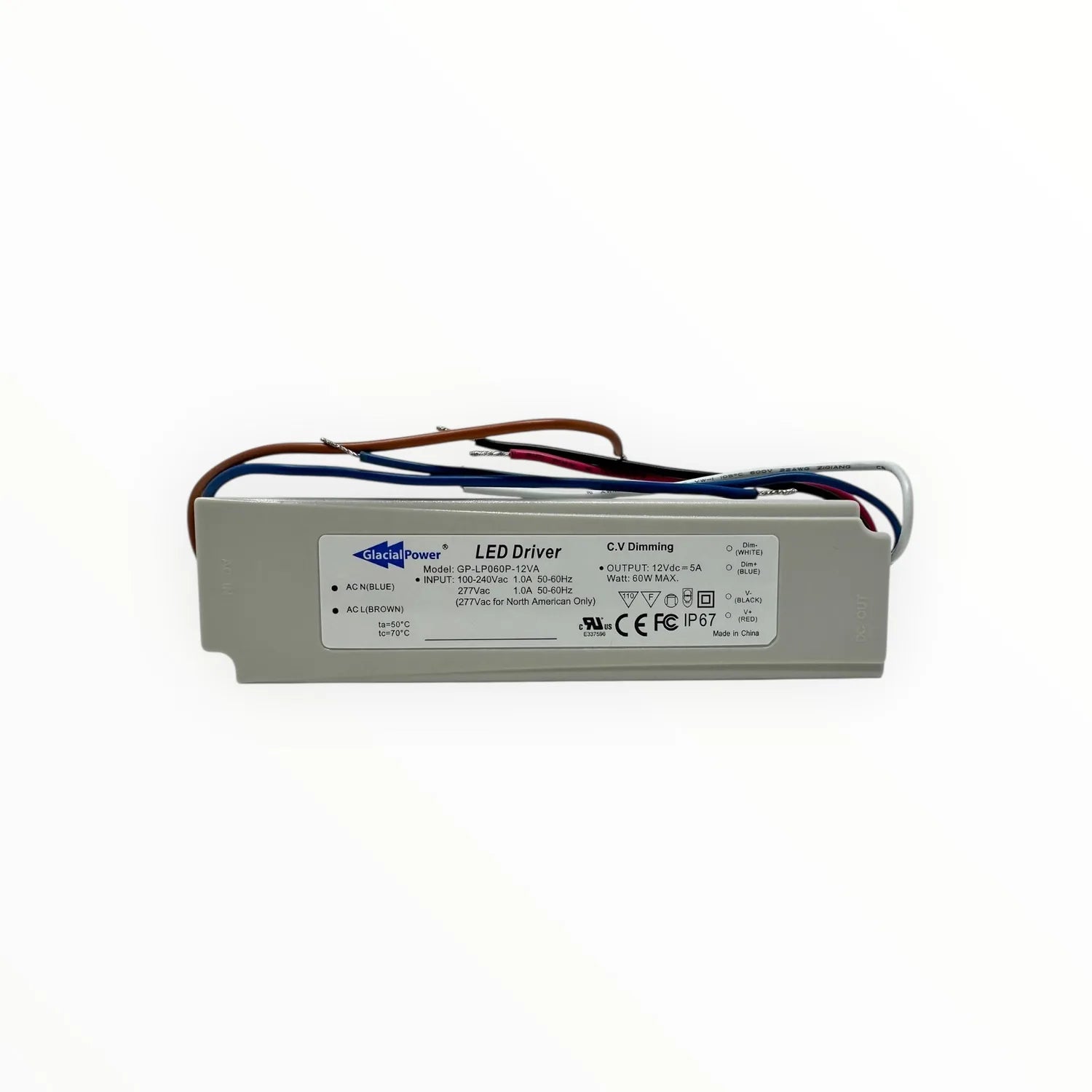 Glacial Power 60W LED driver unit with gray metal housing and attached color-coded wires, showing specification label with mo