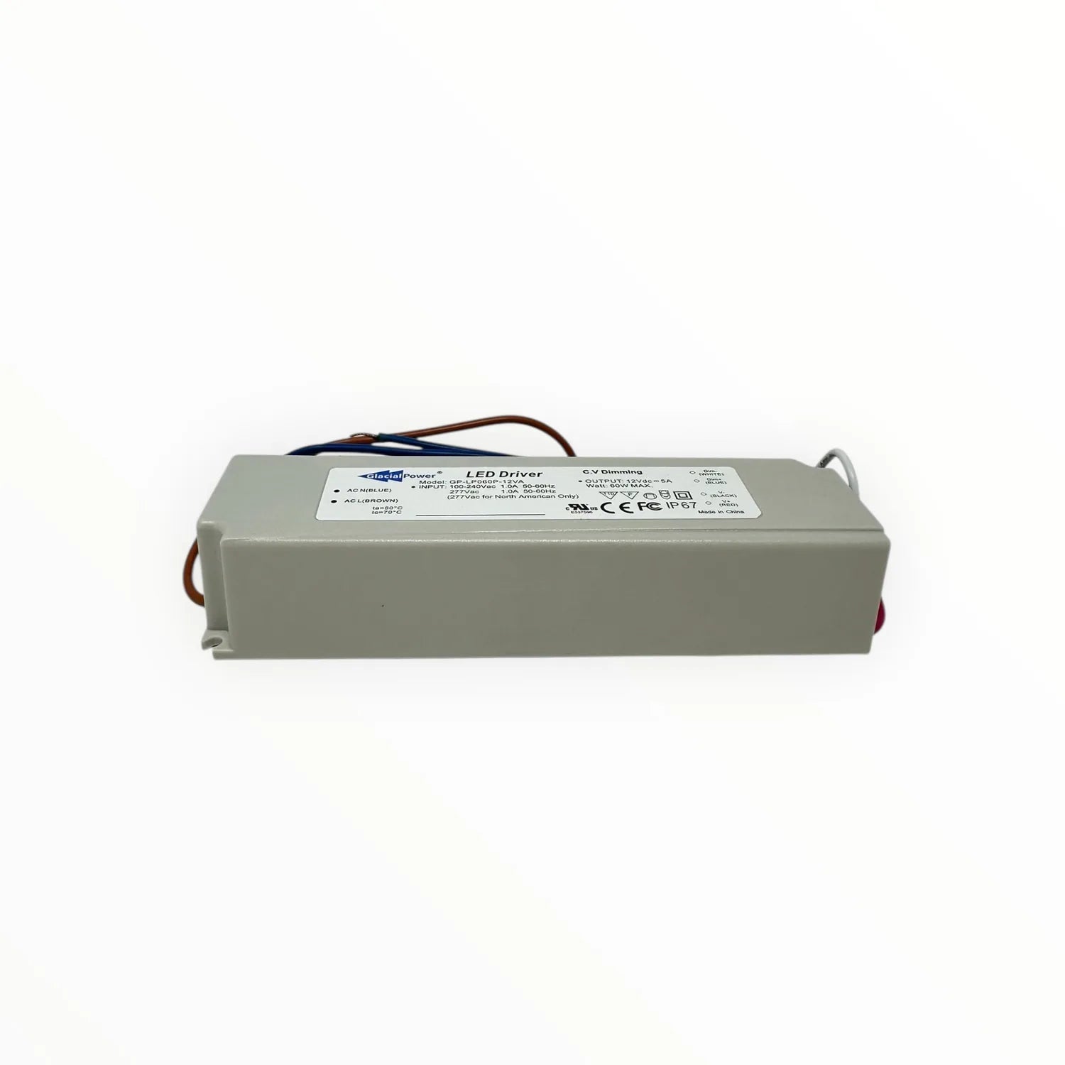 White rectangular LED driver with blue and brown wires, CE and FCC certification marks visible on label.