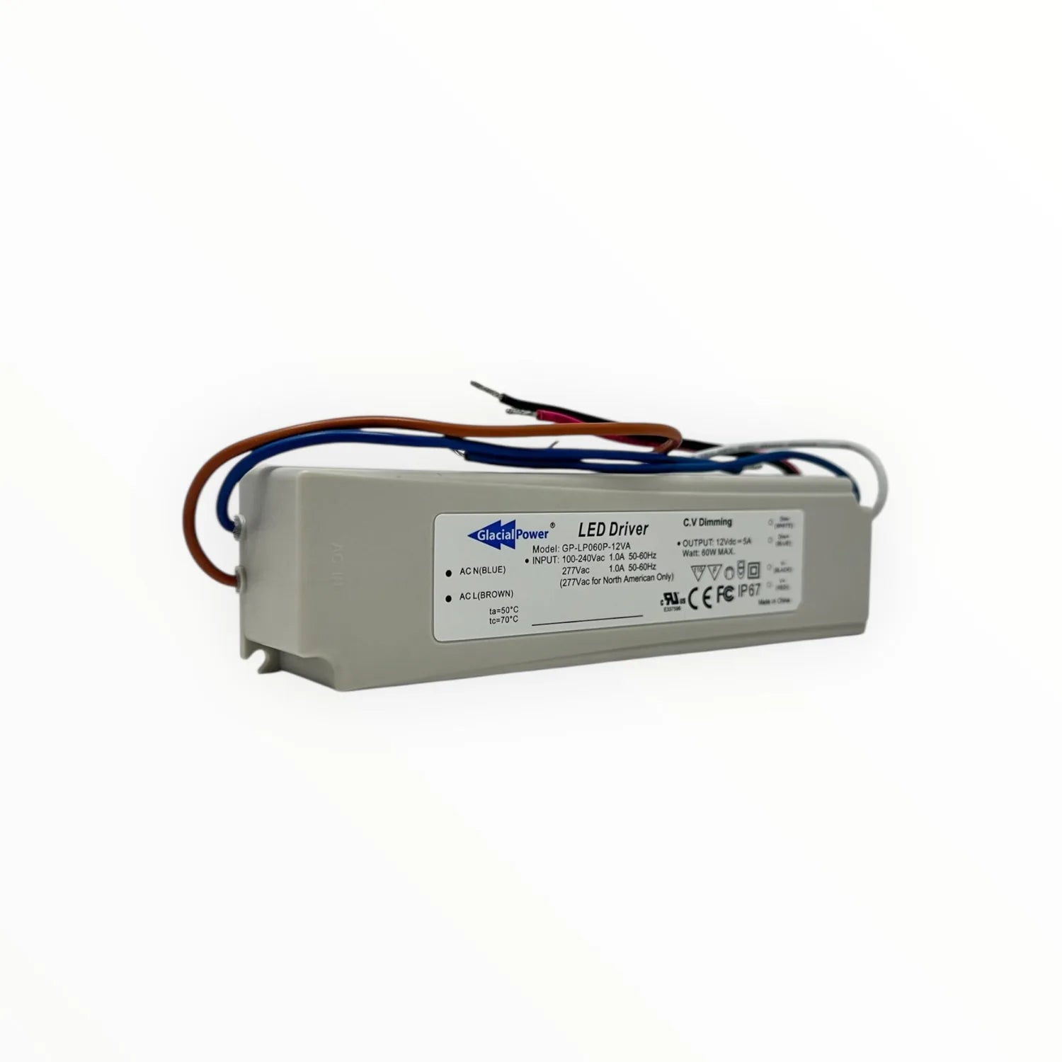 GlacialPower 60W LED driver with brown and blue wires attached, shown against white background with specifications label visi