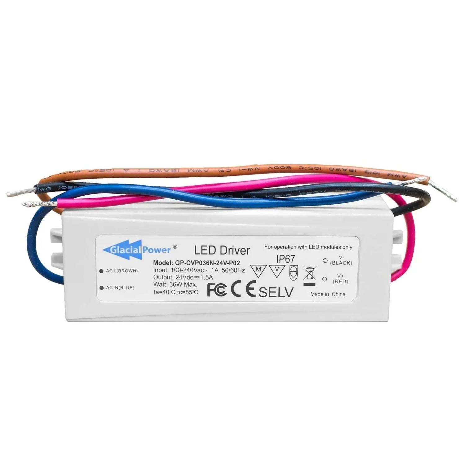Glacial Power LED driver unit with colored input and output wires attached, showing specifications label with FC and CE certi