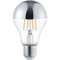 LED filament bulb with chrome mirror top and warm white filaments, E27 base, shown against white background.