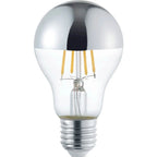 LED filament bulb with chrome mirror top and warm white filaments, E27 base, shown against white background.