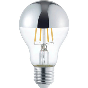 LED filament bulb with chrome mirror top and warm white filaments, E27 base, shown against white background.