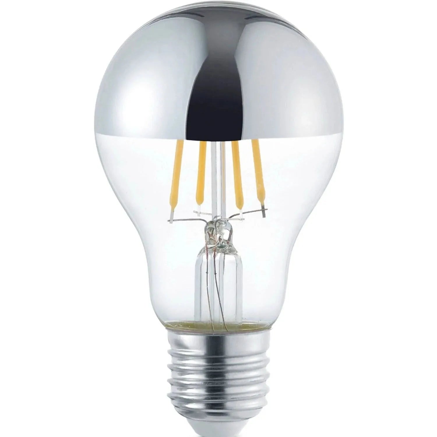 LED filament bulb with chrome mirror top and warm white filaments, E27 base, shown against white background.