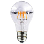 LED filament bulb with mirror top, orange glowing filaments, E27 base, clear glass against white background.