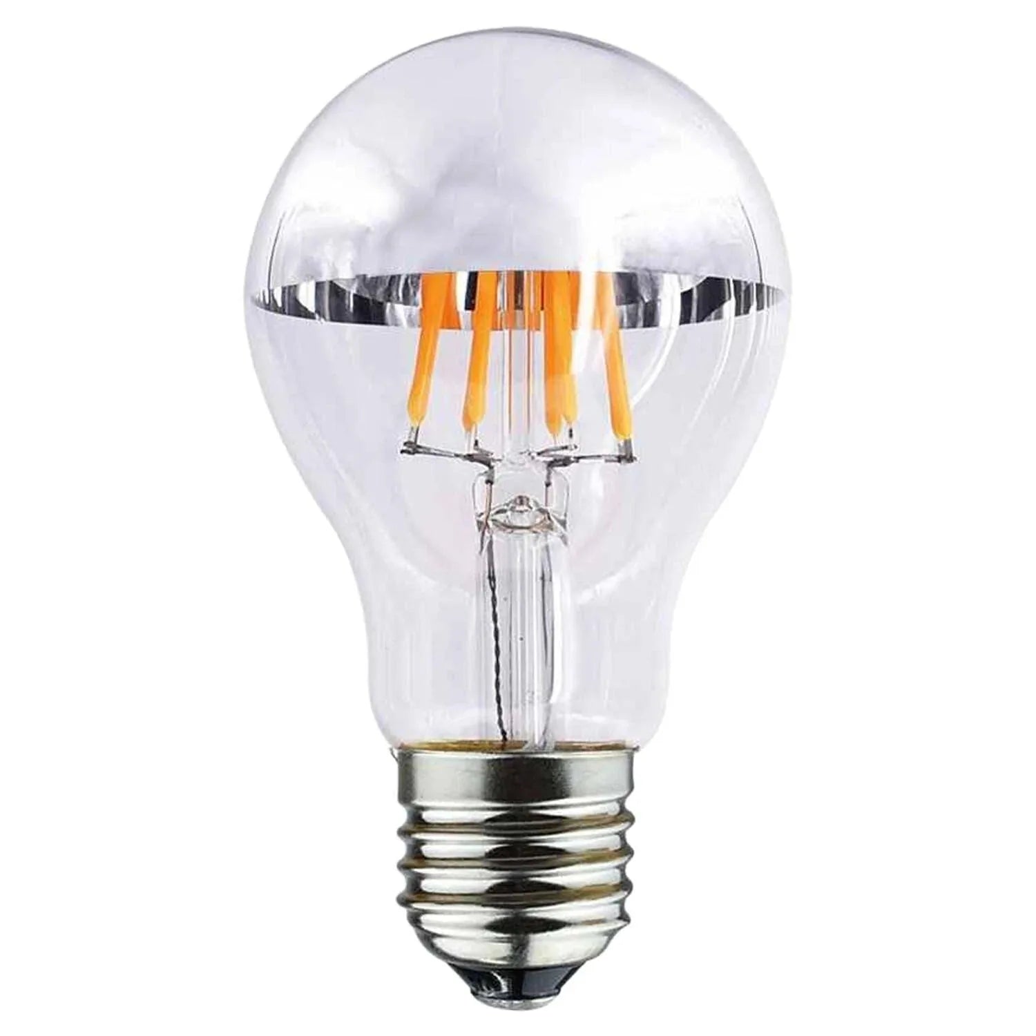LED filament bulb with mirror top, orange glowing filaments, E27 base, clear glass against white background.