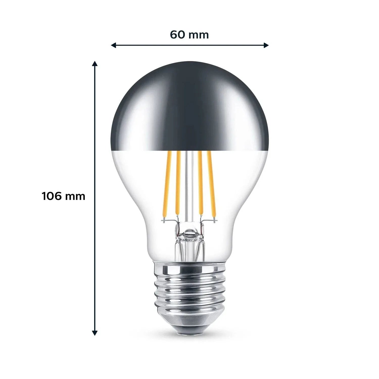 LED filament bulb with mirror top cap, 60mm diameter, 106mm height, showing warm white glowing filaments inside clear glass w