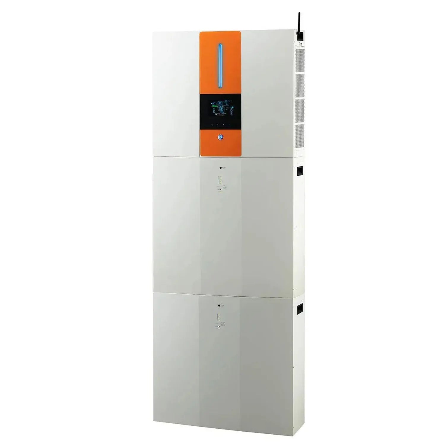 Tall white cabinet with orange control panel top, featuring digital display and water reservoir, stacked battery storage modu