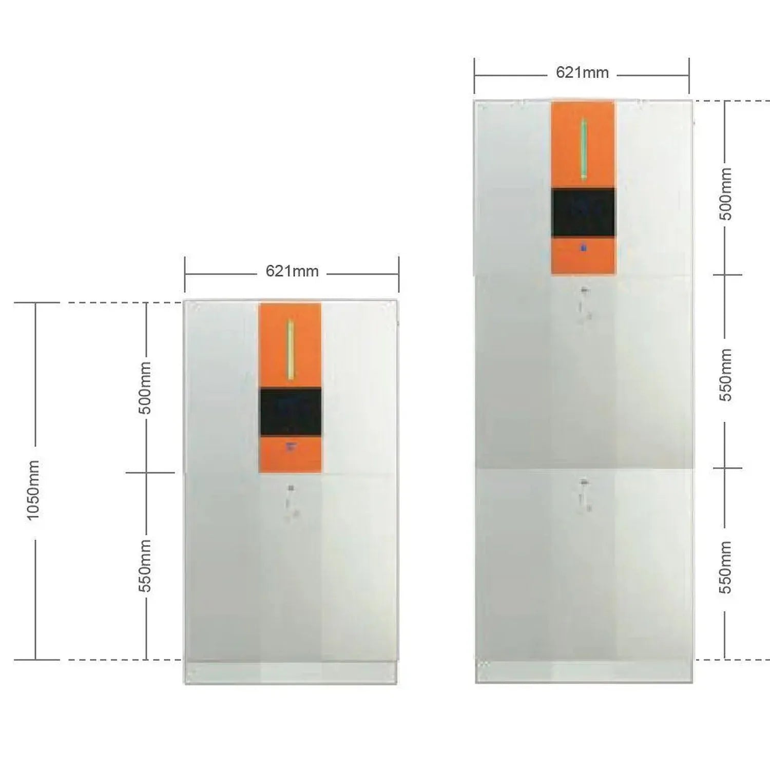 Dimension diagram showing two vertical battery cabinet views side by side, each 621mm wide with orange and black front panels