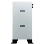 Stacked lithium ion battery unit with two white cabinet modules on black feet, control panels with digital displays on each m