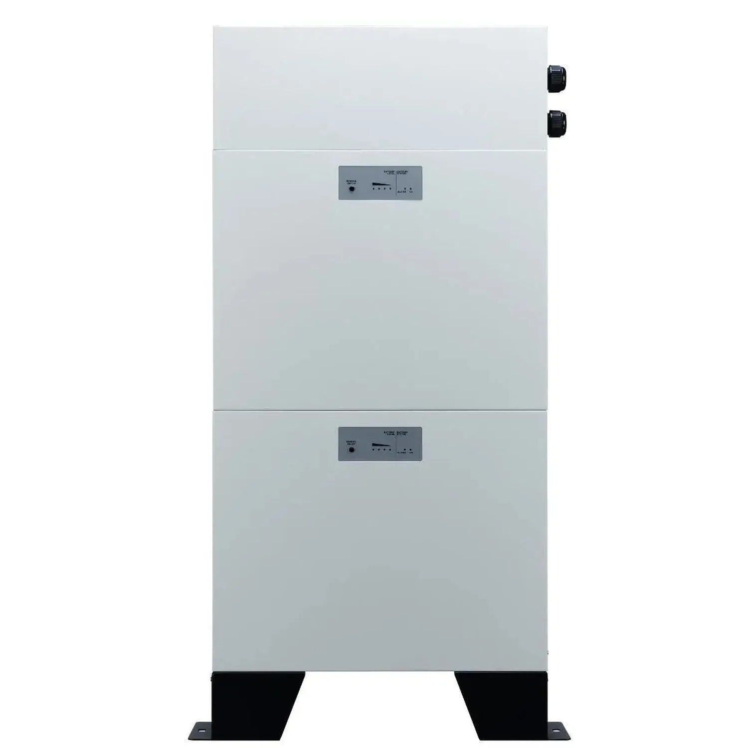 Stacked lithium ion battery unit with two white cabinet modules on black feet, control panels with digital displays on each m