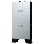 Tall white lithium ion battery unit with black frame and feet, featuring two control panels and top-mounted terminals, shown 
