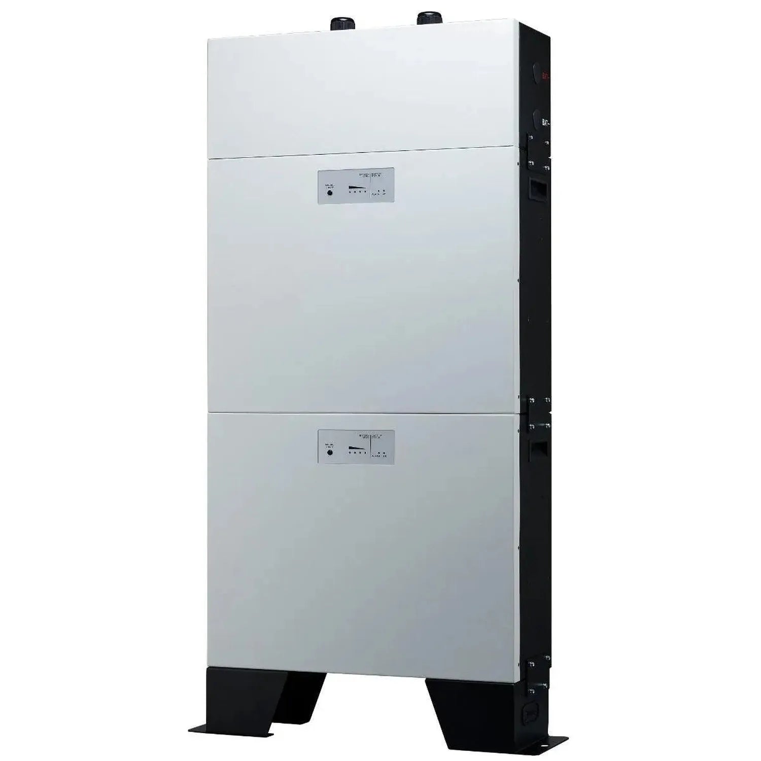 Tall white lithium ion battery unit with black frame and feet, featuring two control panels and top-mounted terminals, shown 