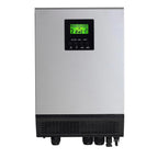 Silver and black solar inverter with green LCD display showing operational data and four control buttons below.