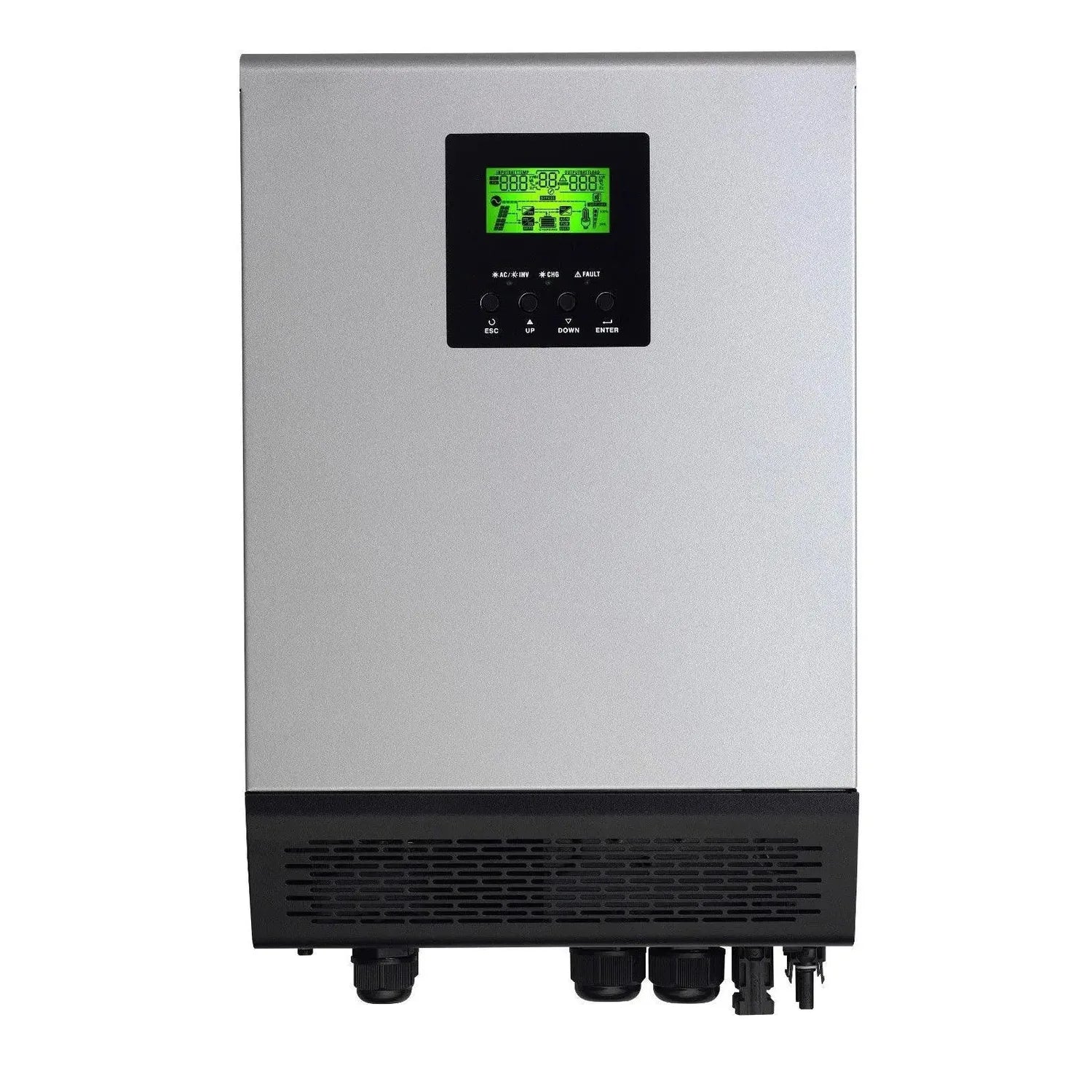 Silver and black solar inverter with green LCD display showing operational data and four control buttons below.
