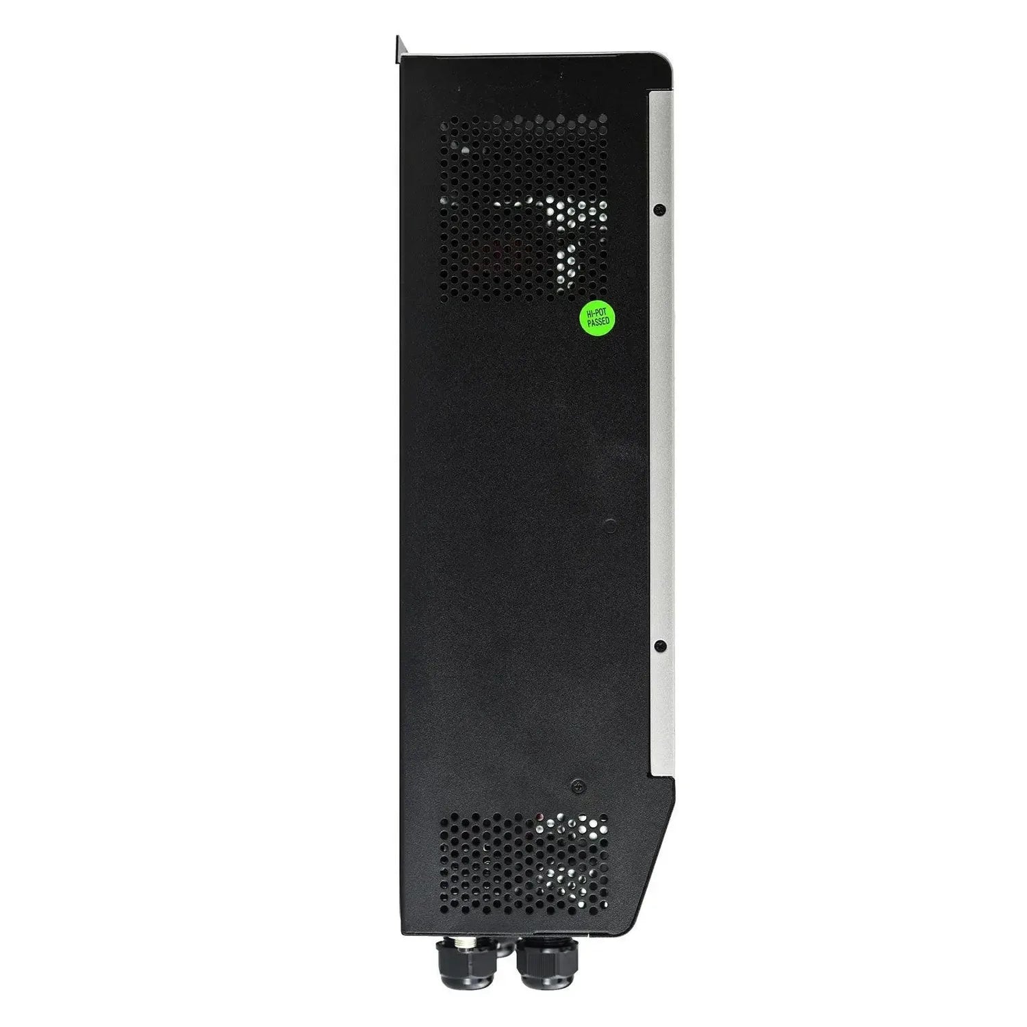 Black rectangular solar inverter with perforated vents, silver side panel, green "MPPT PASSED" indicator, and two connector p