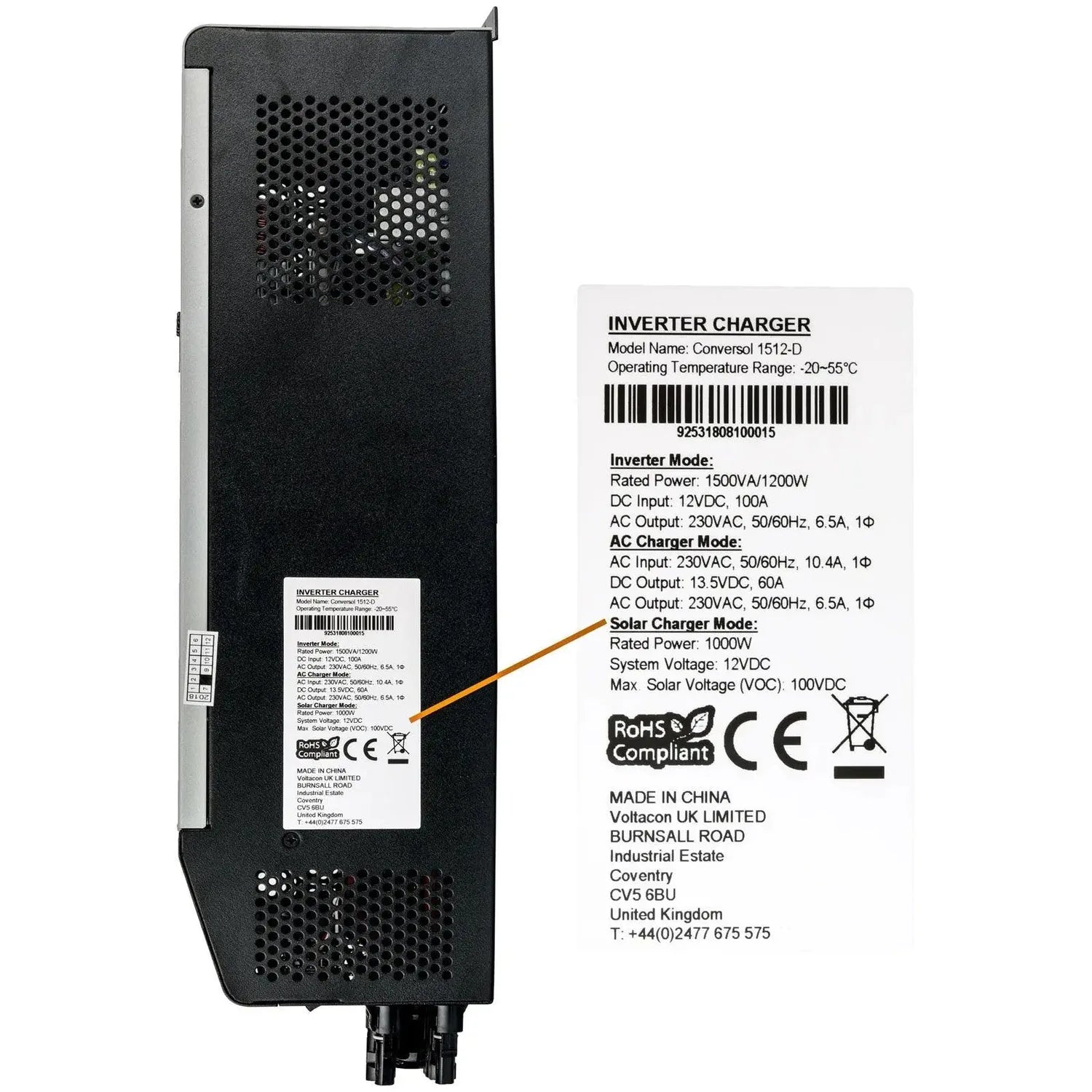 Conversol 1512-D inverter charger unit with specifications label showing 1500VA rated power and operating temperature range o